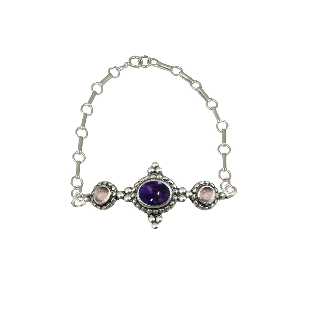 Sterling Silver Gemstone Adjustable Chain Bracelet With Iolite And Rose Quartz